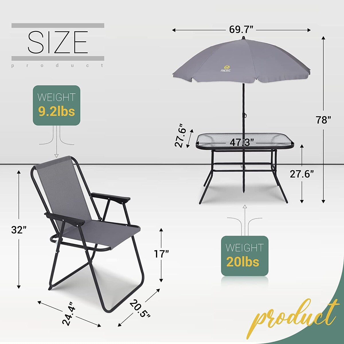 8-Piece Patio Dining Set, Garden Outdoor Table Set with Removable Umbrella, Glass Table, and 6 Folding Chairs