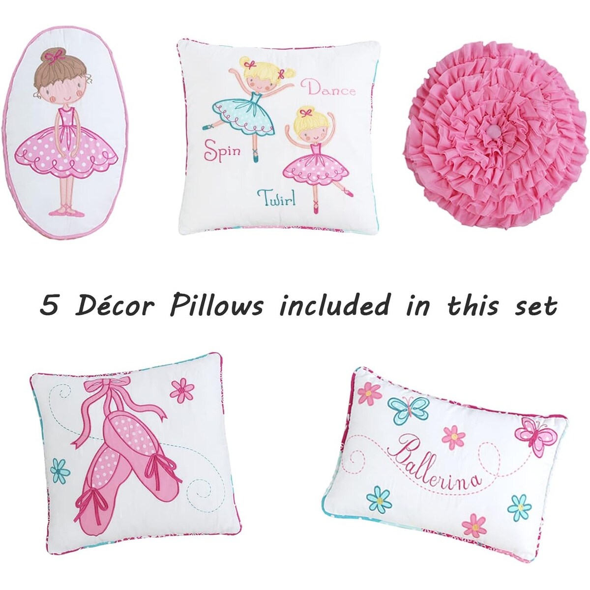 Cozy Line Ballerina Pink Girls Reversible Cotton Quilt Bedding Set with Decorative Pillows