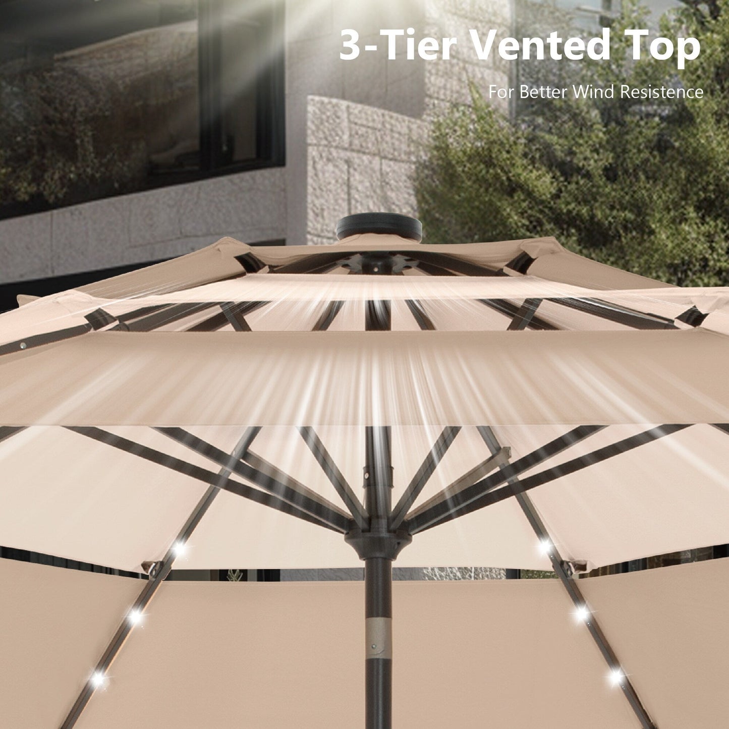 MAISON ARTS 10ft 3 Tier Auto-tilt Patio Umbrella Outdoor Double Vented Umbrella with LED Lights