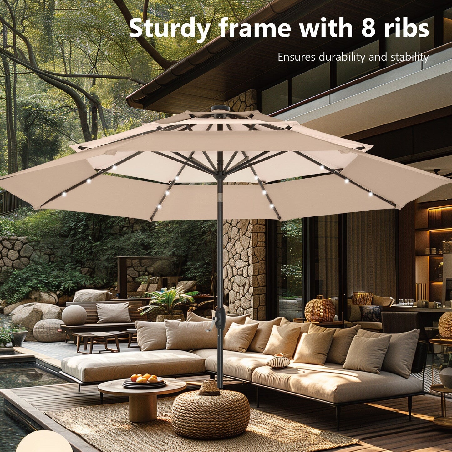 MAISON ARTS 10ft 3 Tier Auto-tilt Patio Umbrella Outdoor Double Vented Umbrella with LED Lights