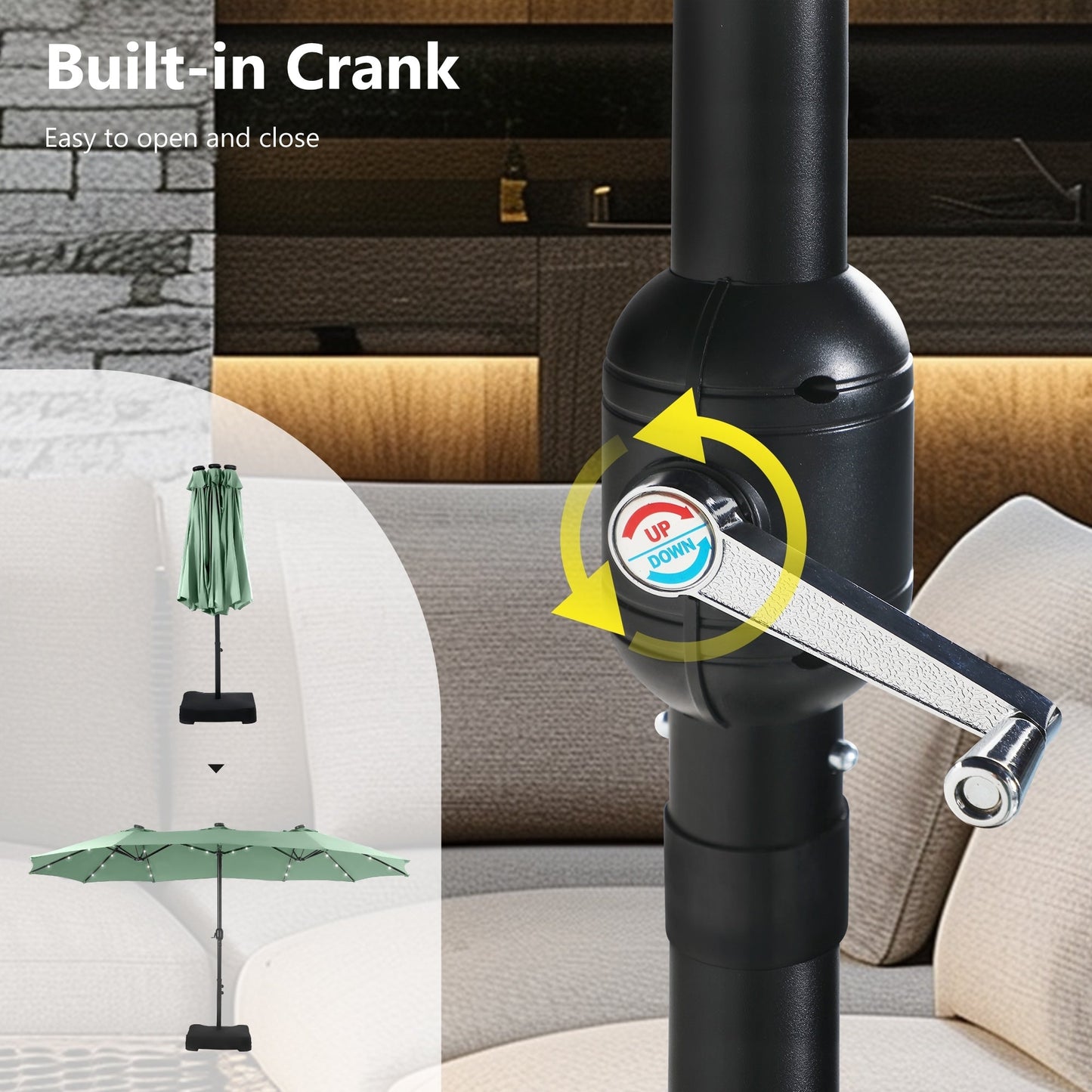 MAISON ARTS 15-foot Rectangular Crank Double-sided Outdoor Market Umbrella Solar LED Lighted Patio Umbrella with Base Included