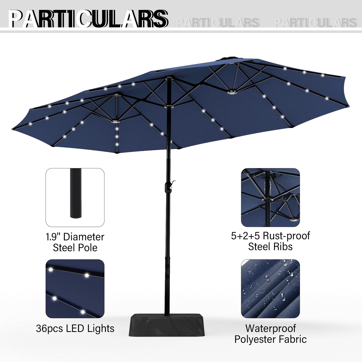 15-foot Rectangular Crank Double-sided Outdoor Market Umbrella Solar LED Lighted Patio Umbrella with Base Included