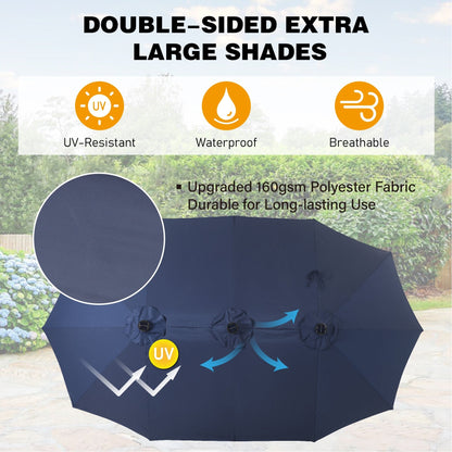 15-foot Rectangular Crank Double-sided Outdoor Market Umbrella Solar LED Lighted Patio Umbrella with Base Included