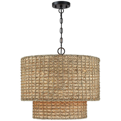 4-Light Natural Rattan Traditional Drum Pendant Light Black Canopy - Black/earthy - 20 in. W
