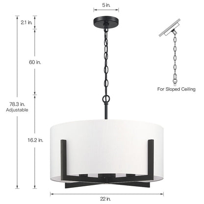 22 in. 4-Light Matte Black Chandelier Pendant Light with White Drum Shade - 22W