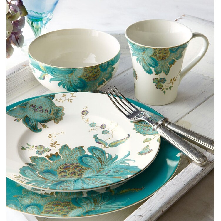 222 Fifth Eliza 16-Piece Porcelain Dinnerware Set, Teal