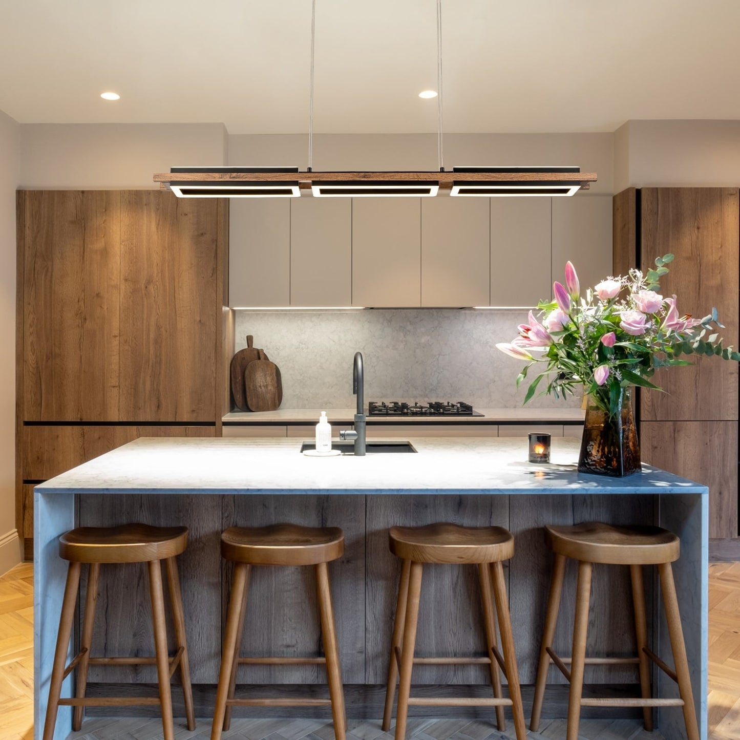 3/5-Light Integrated LED Linear Wood Chandelier Kitchen Island Pendant Light