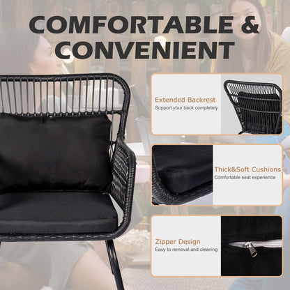 3 Piece Outdoor Wicker Conversation Bistro Set, All-Weather Rattan Furniture Patio Chairs Set with Cushions