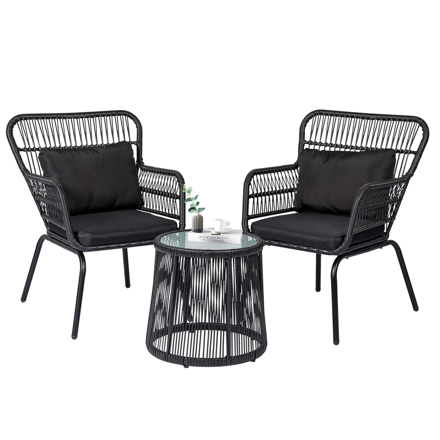 3 Piece Outdoor Wicker Conversation Bistro Set, All-Weather Rattan Furniture Patio Chairs Set with Cushions