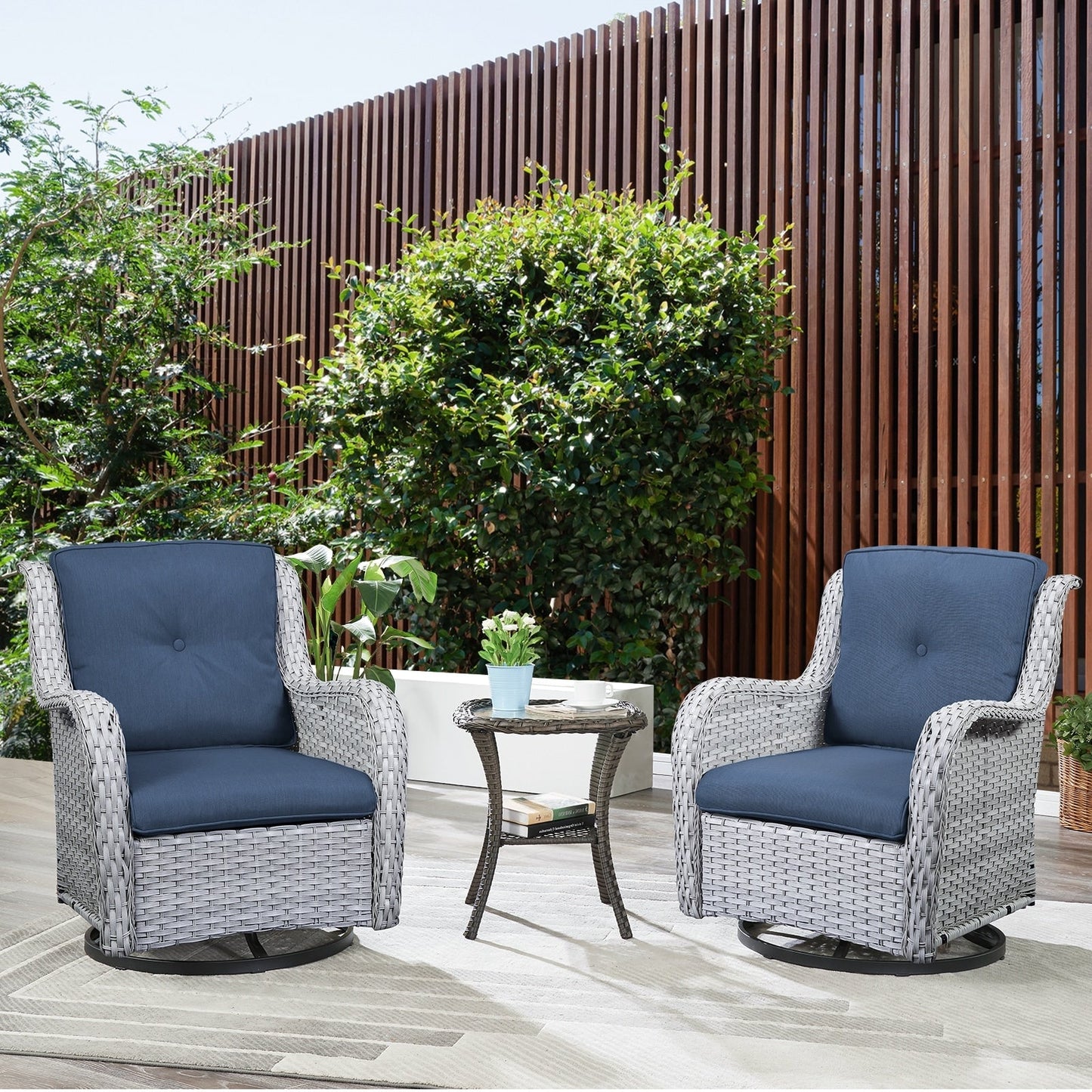 Gymojoy 3 Piece Outdoor Wicker Swivel Rocker with Cushion & Table