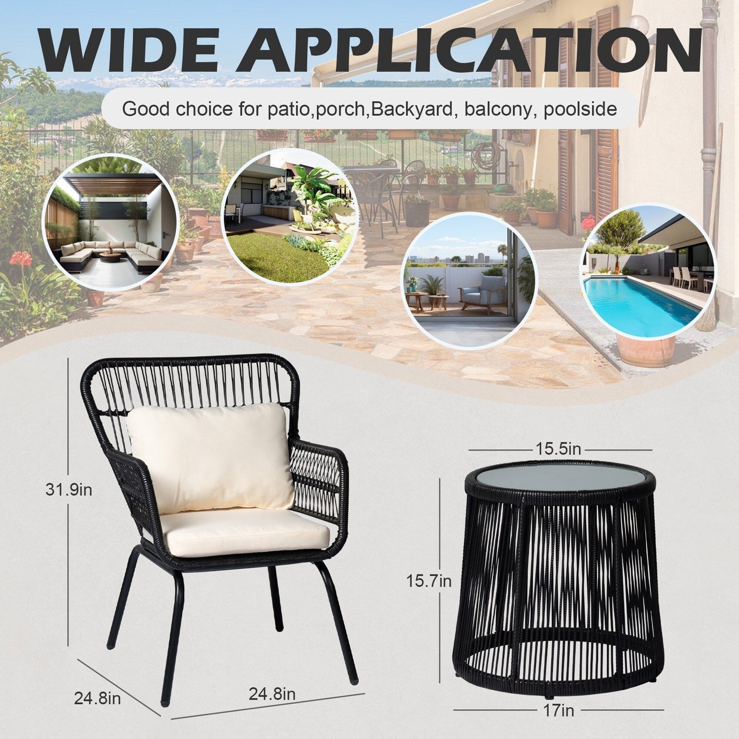 3 Piece Outdoor Wicker Conversation Bistro Set, All-Weather Rattan Furniture Patio Chairs Set with Cushions