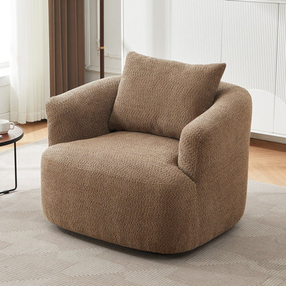 360° Swivel Chair, 38.2 Boucle Accent Chair with Throw Pillow, Upholstered Barrel Sofa Chair with Curved Armrests