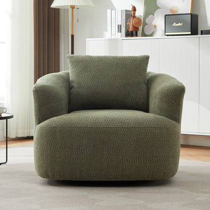 360° Swivel Chair, 38.2 Boucle Accent Chair with Throw Pillow, Upholstered Barrel Sofa Chair with Curved Armrests