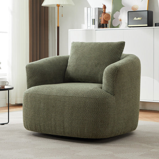 360° Swivel Chair, 38.2 Boucle Accent Chair with Throw Pillow, Upholstered Barrel Sofa Chair with Curved Armrests