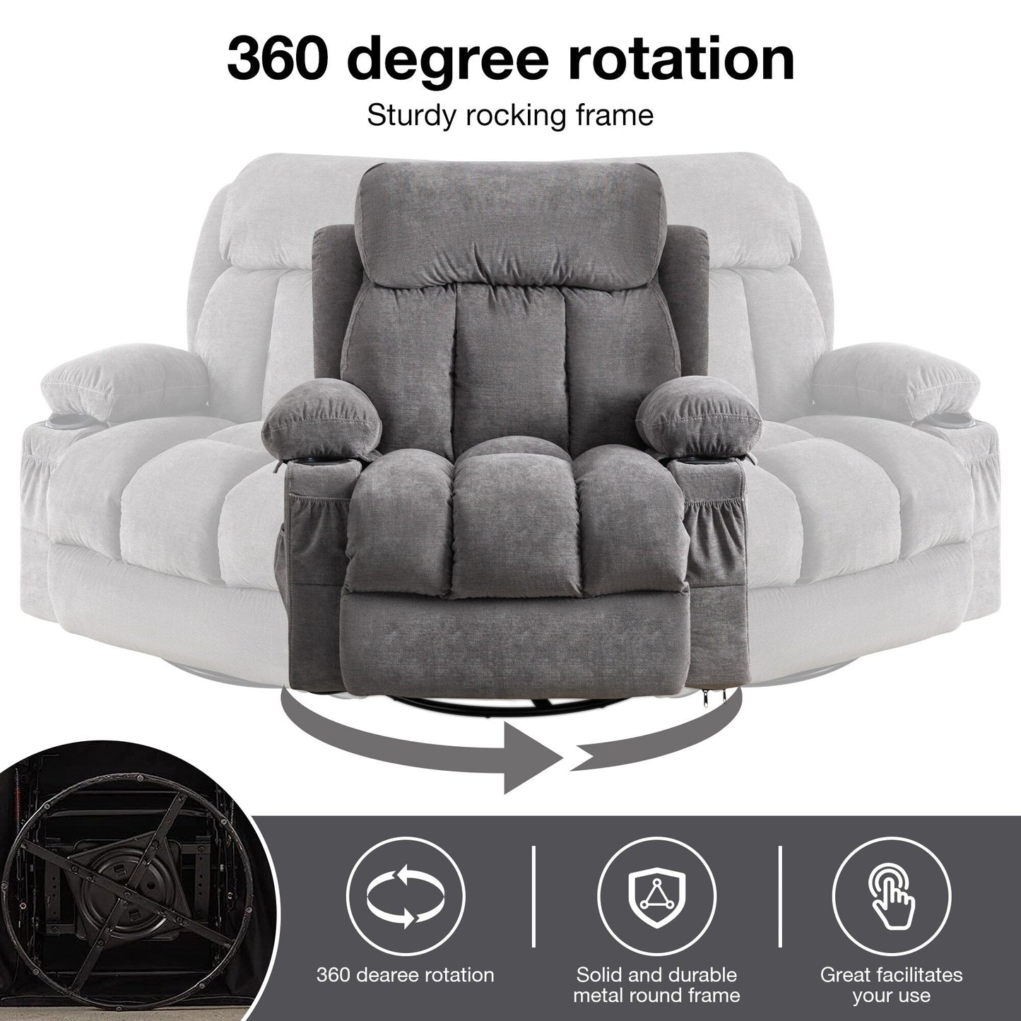 360° Swivel Recliner Chair with Massage, Heat, USB, and Cup Holders