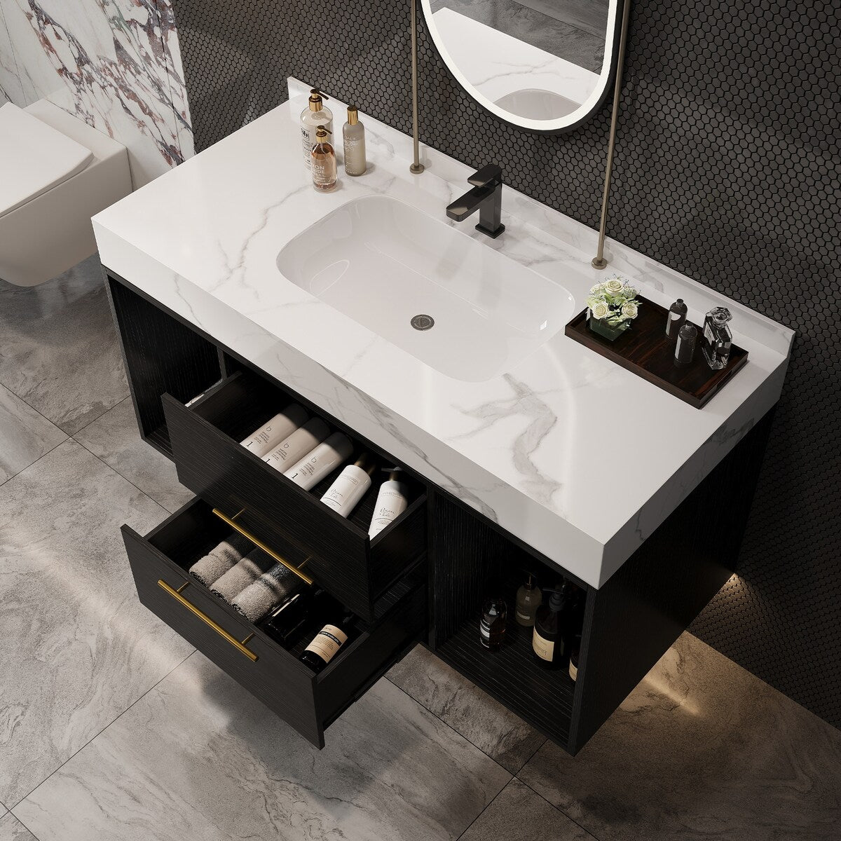 39.4 '' Floating Bathroom Vanity with Ceramic sink,Wall Hung Vanity 2 Soft Close Drawer and white slate top - 39'4 x 18'9