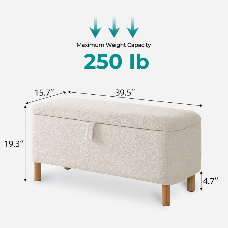 39.5 Off White Boucle Storage Ottoman Bench Sherpa Storage Bench Ottoman Foot Rest End of Bed for Living Room Bedroom,Wood Leg