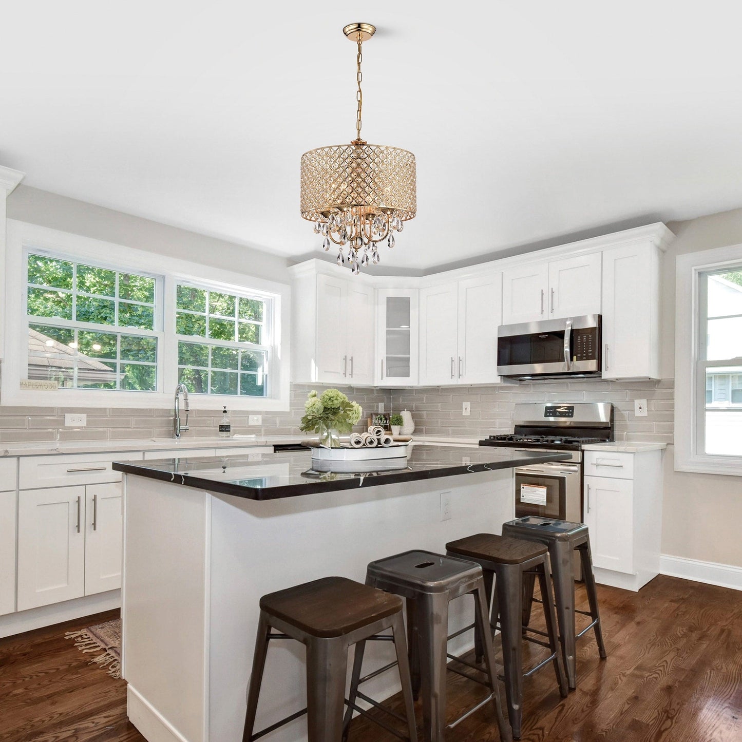 Round Beaded Drum Chandelier with Hanging Crystals