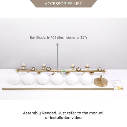 40 in. Linear Mid Century Modern Chandelier 16-Light Gold Brass Sputnik Pendant Light with Frosted Glass Globe for Dining Room