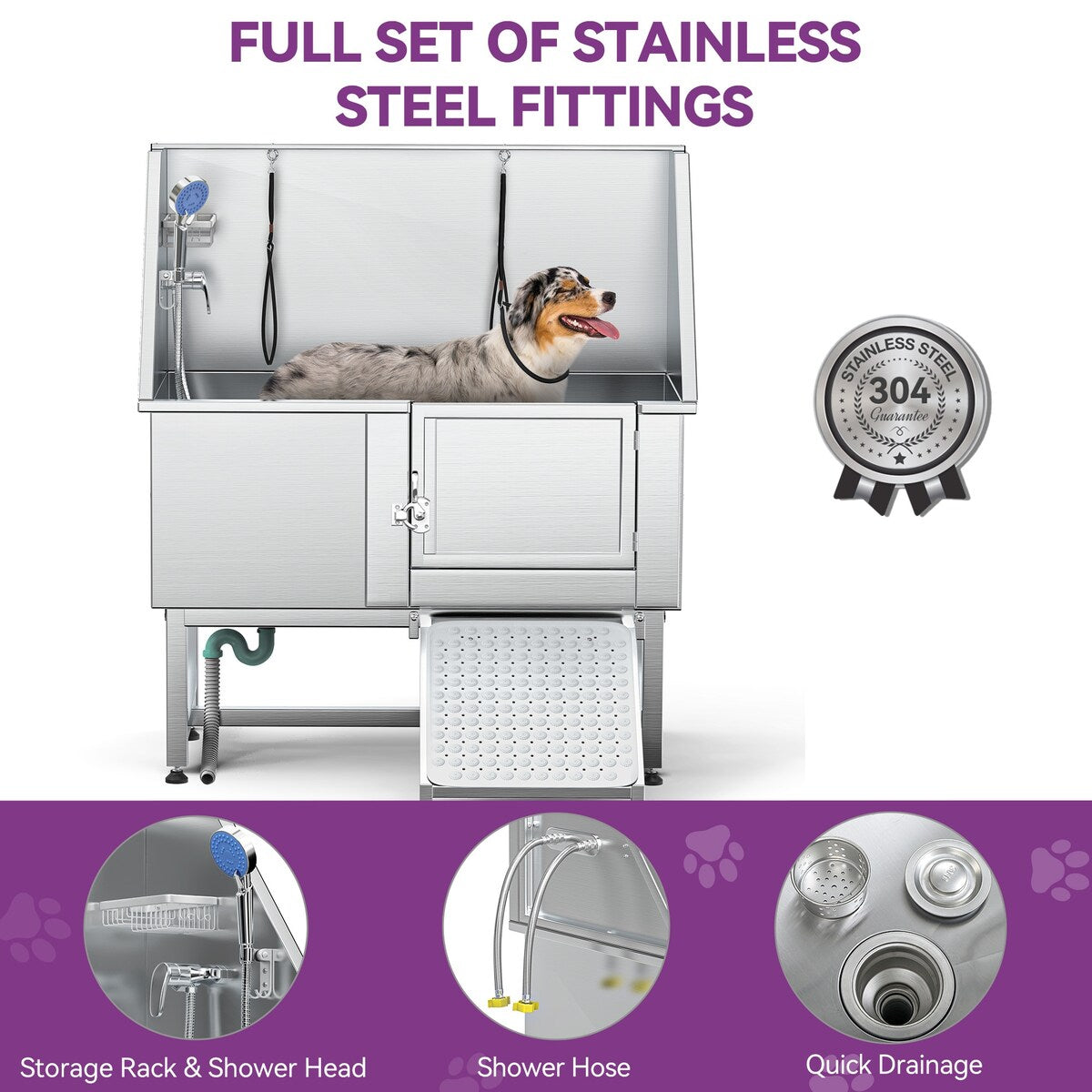 50'' W Stainless Steel Adjustable Pet Grooming Tub with Ramp - Silver