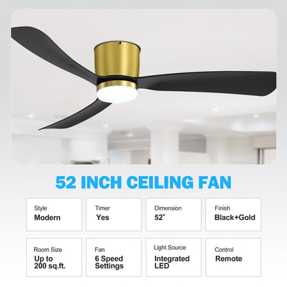 52 Inch Black/White Flush Mount LED Ceiling Fan with Lights Remote(3-Blade)