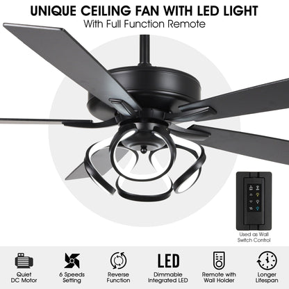 52 Modern Chrome/ Black Indoor Dimmable LED Ceiling Fan with Light and Remote