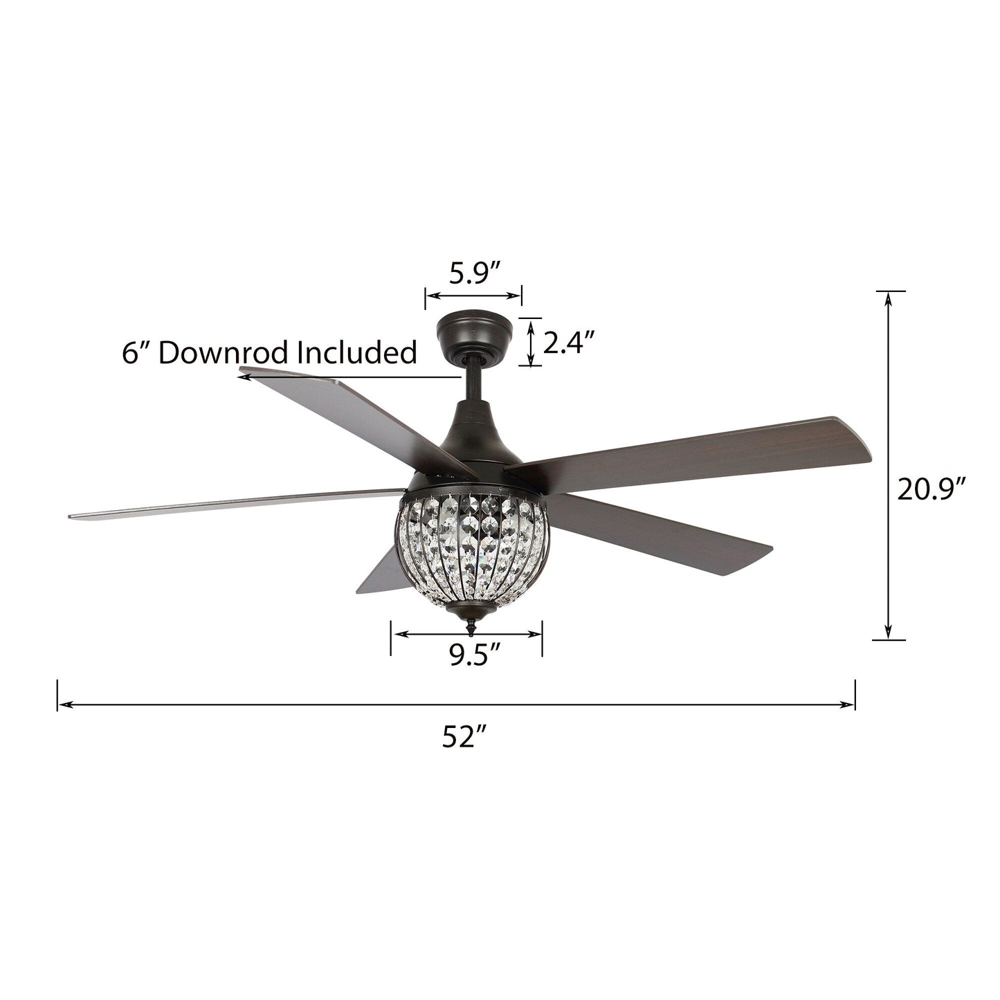 52 Industrial Black Wood 5-blade Crystal Ceiling Fan with Remote