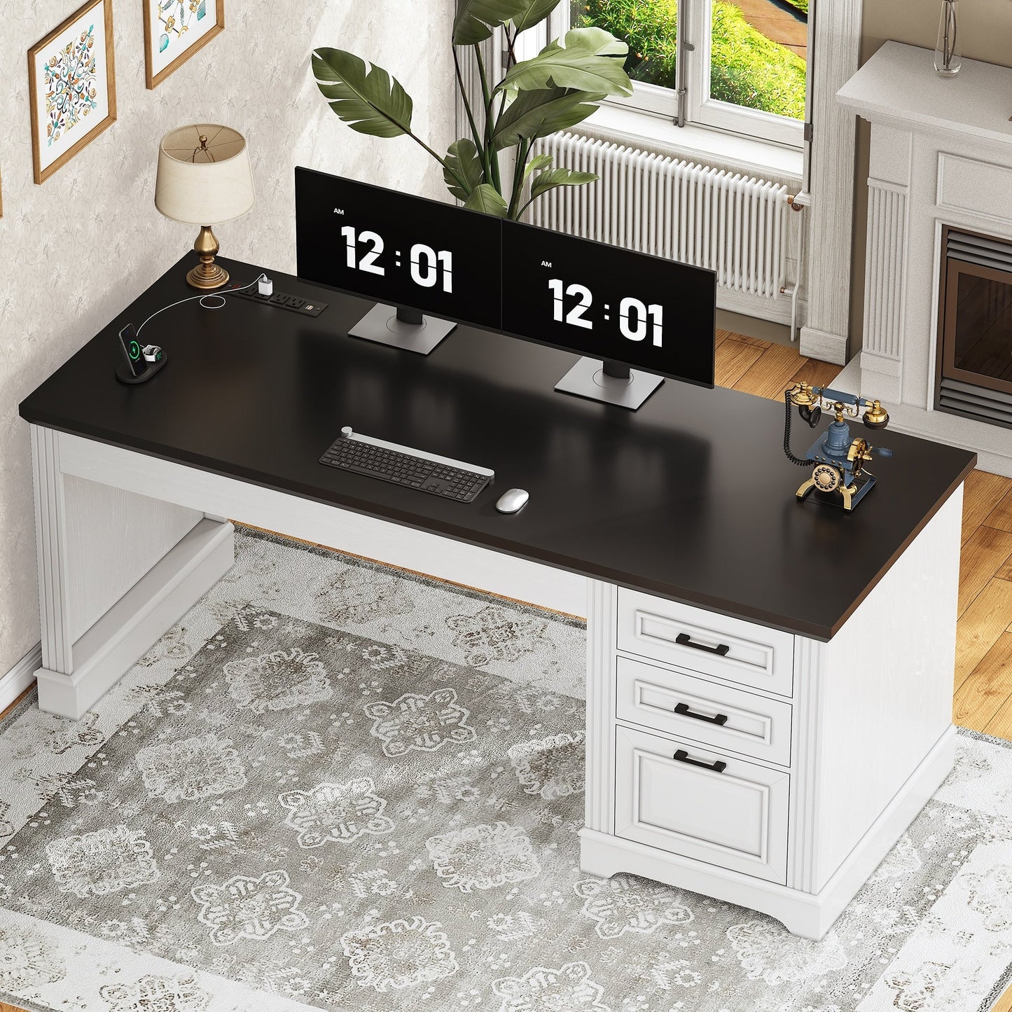 Farmhouse Executive Desk Home Office Desk File Drawer Monitor Stand Power Outlet