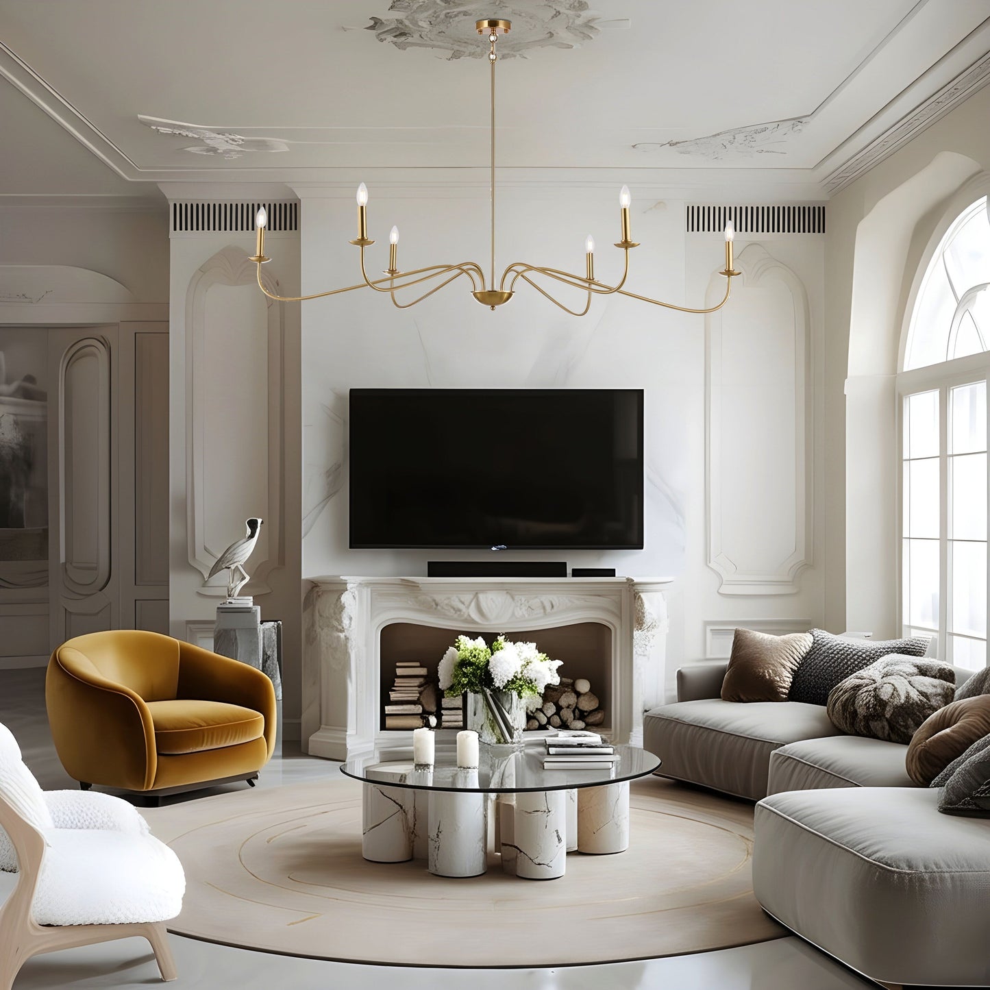 6 Light 64 Inches Minimalist Chandelier in Matte Black / Gold /Chrome - N/A