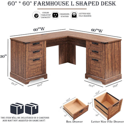 60 Farmhouse L Shaped Executive Desk, Wood Corner Desk, Computer Desk