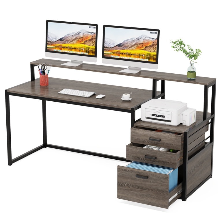 63 Computer Desk with Monitor Stand, Ergonomic Home Office Desks with Drawers File Cabinet