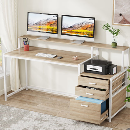 63 Computer Desk with Monitor Stand, Ergonomic Home Office Desks with Drawers File Cabinet