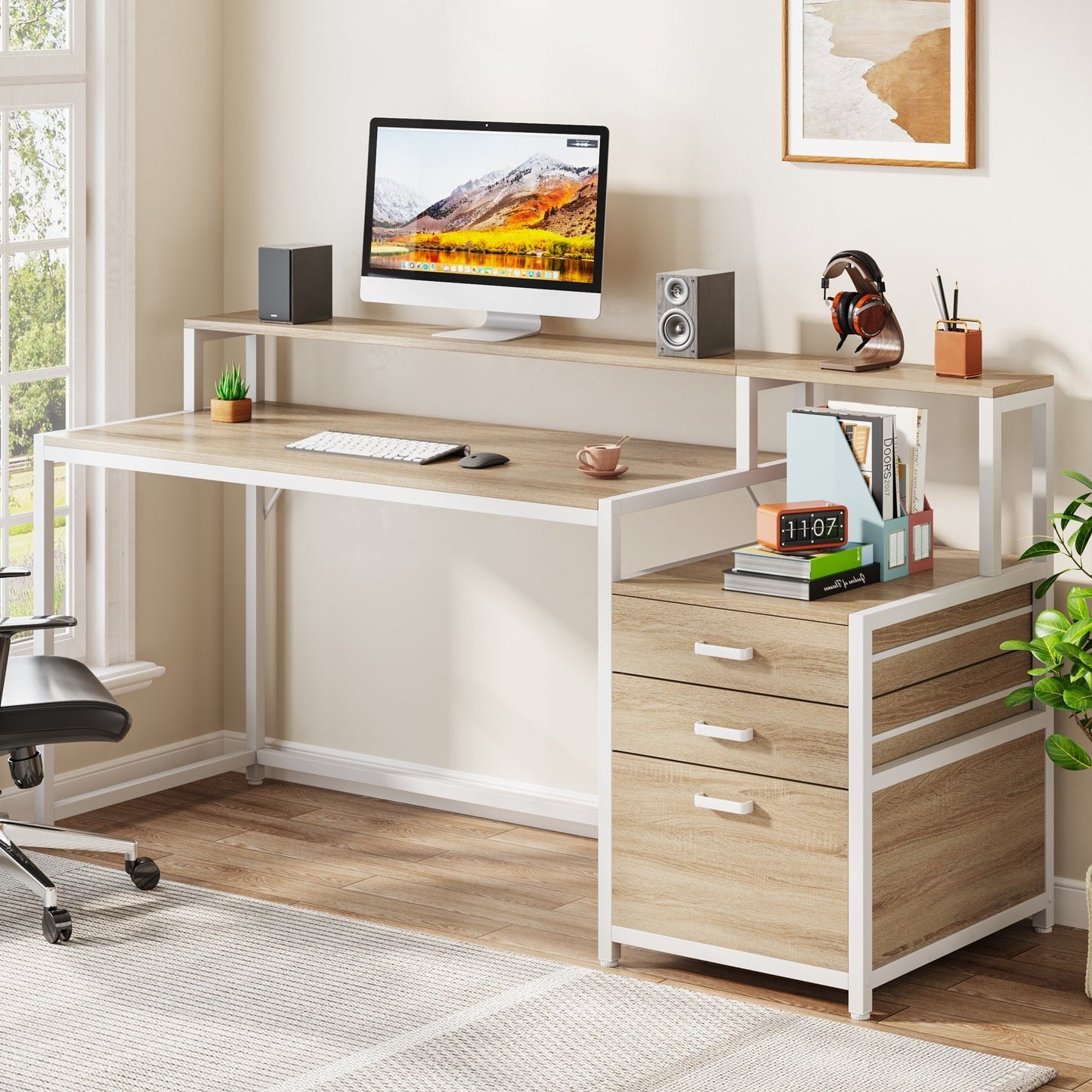63 Computer Desk with Monitor Stand, Ergonomic Home Office Desks with Drawers File Cabinet