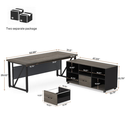 63 L-Shaped Computer Desk with 47 inches Lateral File Cabinet, Executive Desk Home Office Furniture Desk Set