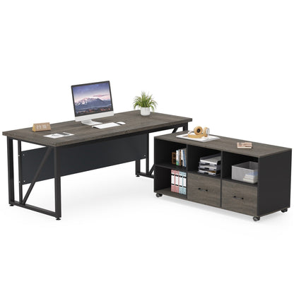 63 L-Shaped Computer Desk with 47 inches Lateral File Cabinet, Executive Desk Home Office Furniture Desk Set