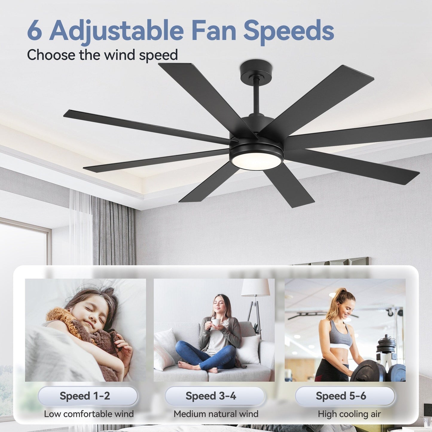 65 Inch 8-Blade Black LED Ceiling Fan with Light and Remote