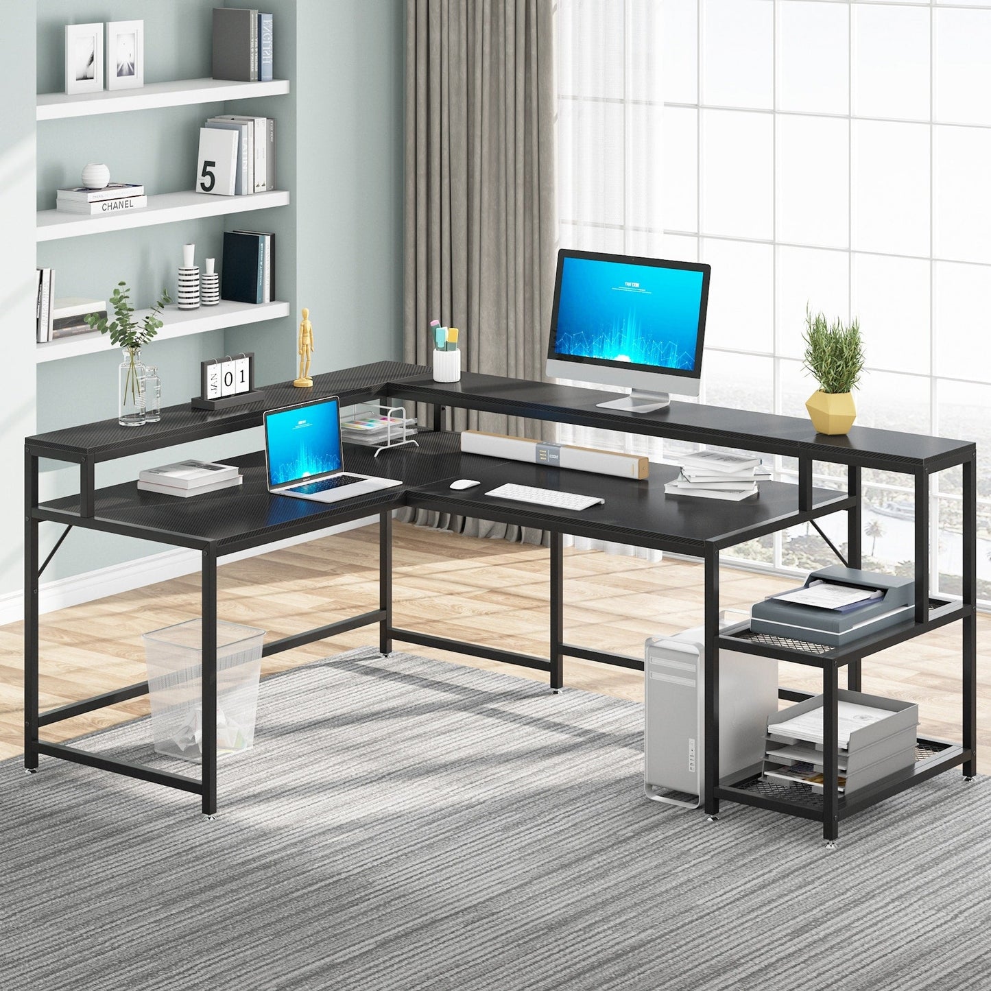 L Shaped Desk with Monitor Shelf, Reversible Corner Computer Desk for Office Home 69