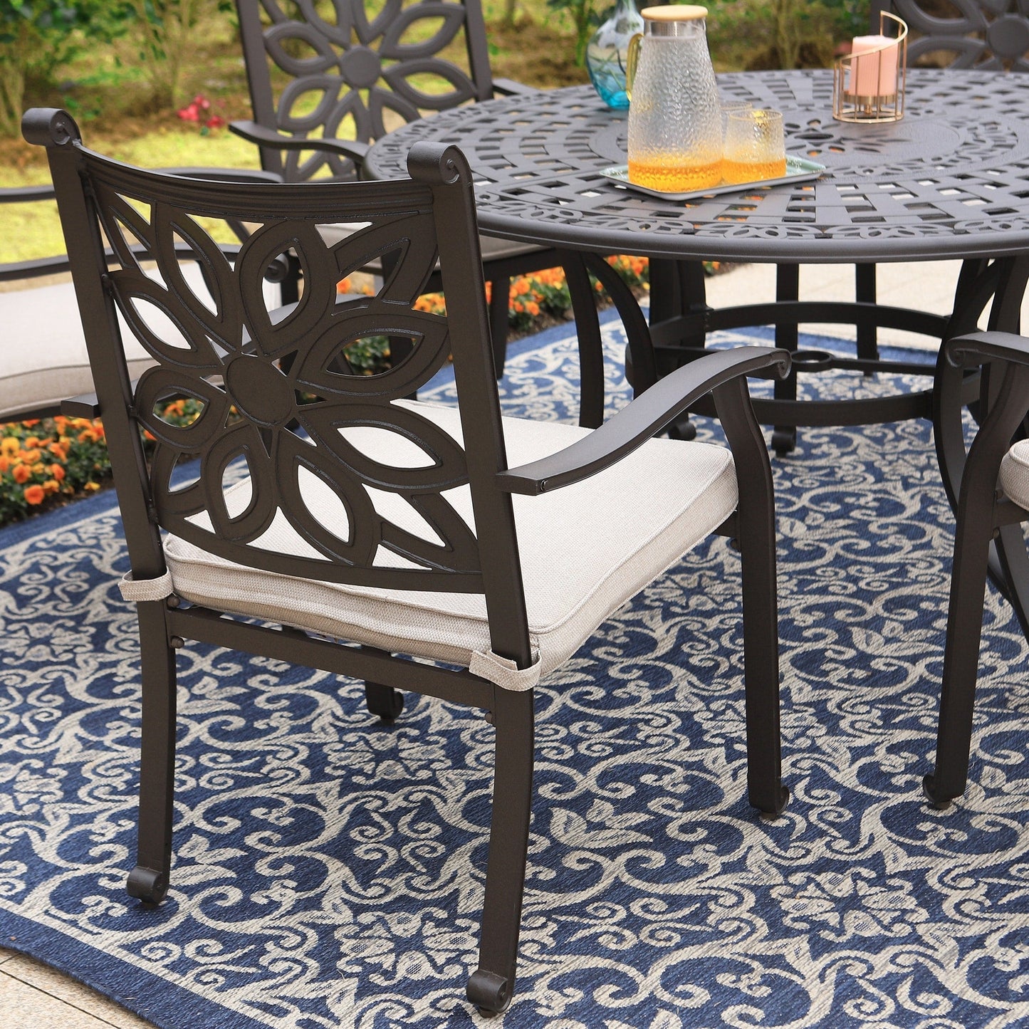 MAISON ARTS Cast Aluminum Dining Chairs/Patio Dining Set with Round Dining Table & 6 Cast Aluminum Patio Chairs