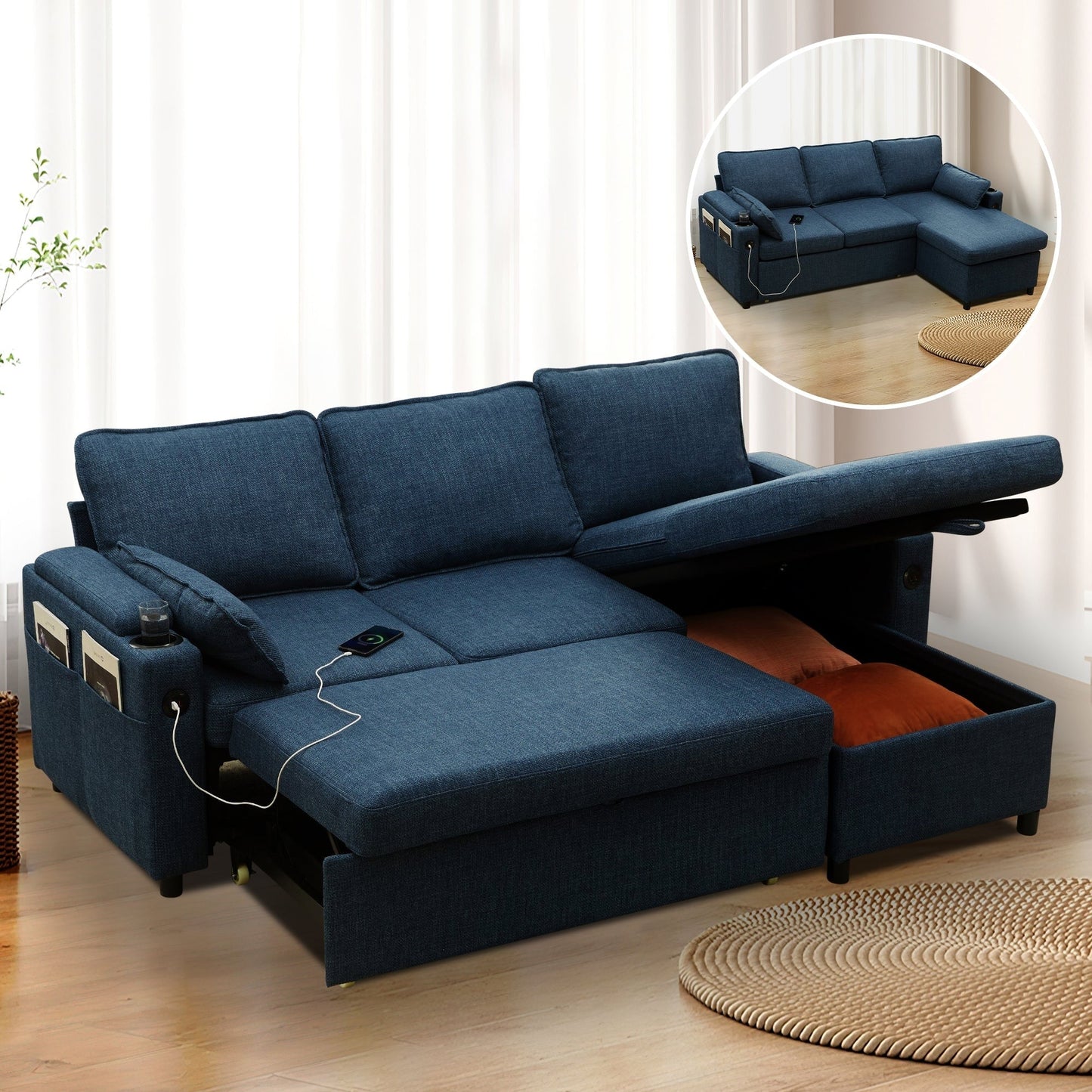 80 L-Shaped Sofa Couch Bed, Sofa Sleeper with Pull Out Bed, Reversible Sleeper Sofa Bed