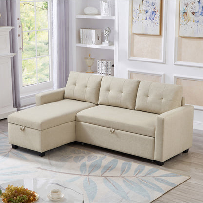 81.5'' Upholstered Convertible 3 Seater Sleeper Sofa with Pull-Out Bed, Reversible Storage Chaise, and Back Cushions