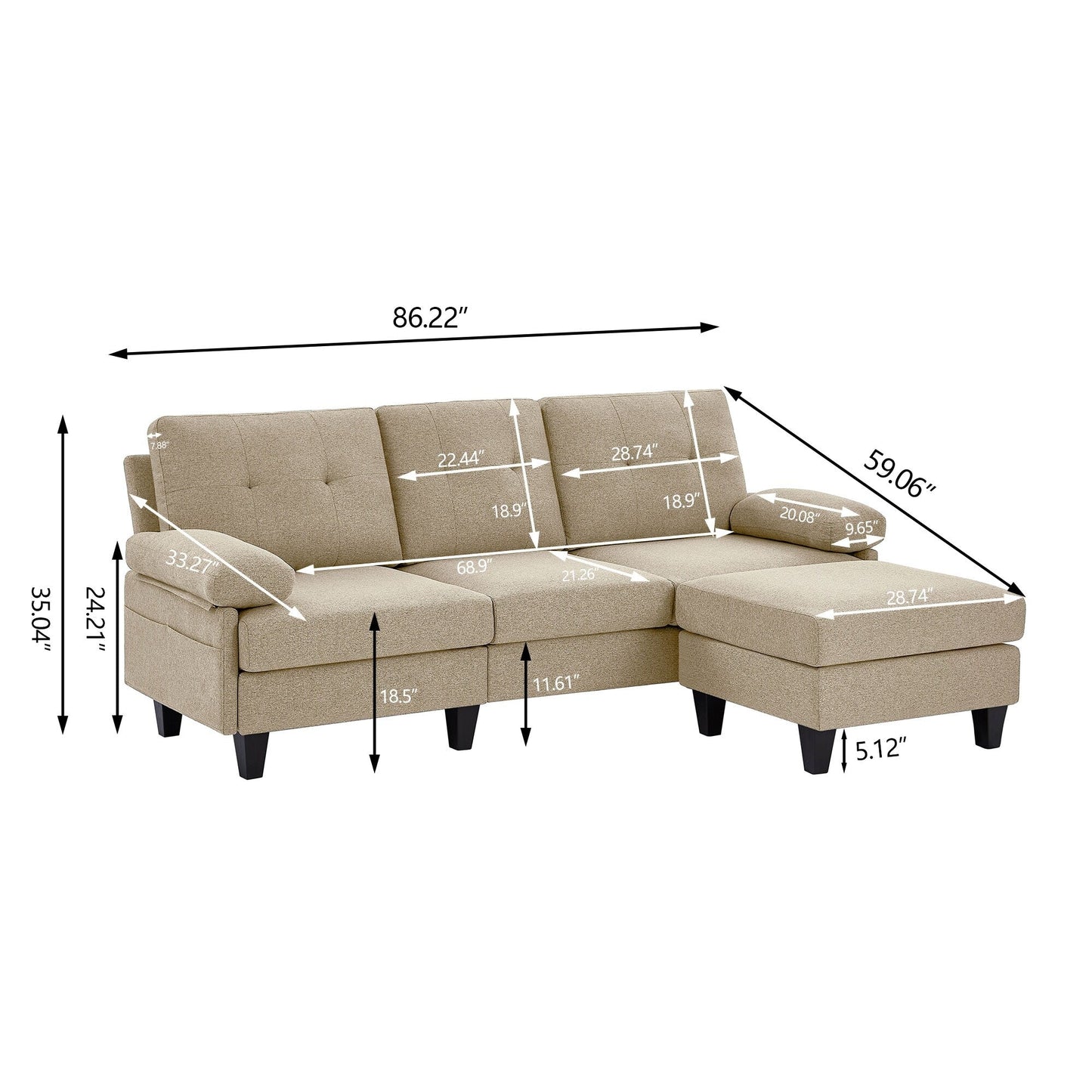 86.22 L Shaped Sectional Sofa with Side Storage Pockets