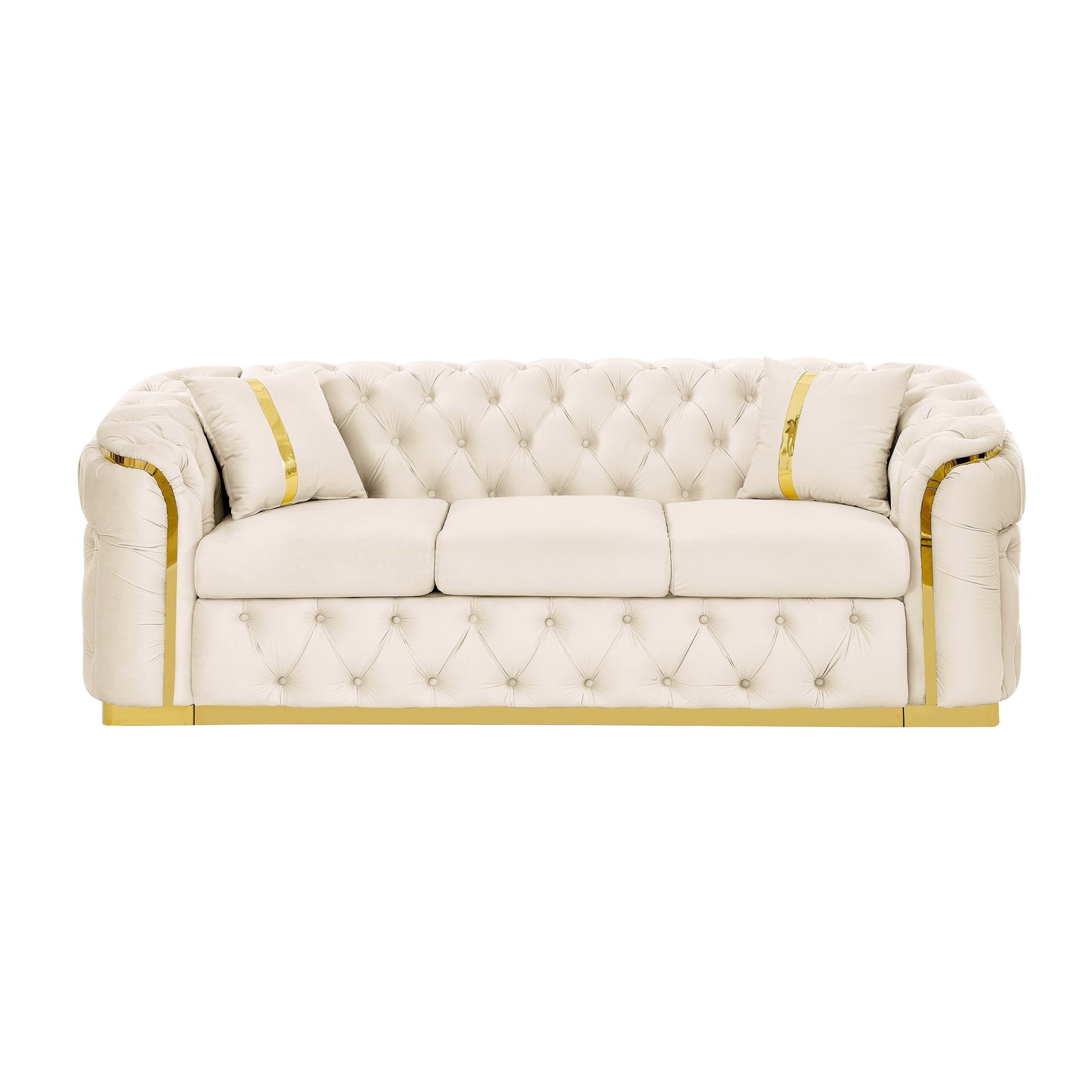 90.6 Velvet 3-Seater Sofa with 2 Pillows High-Density Cushions, Gold Accents, and Pillows