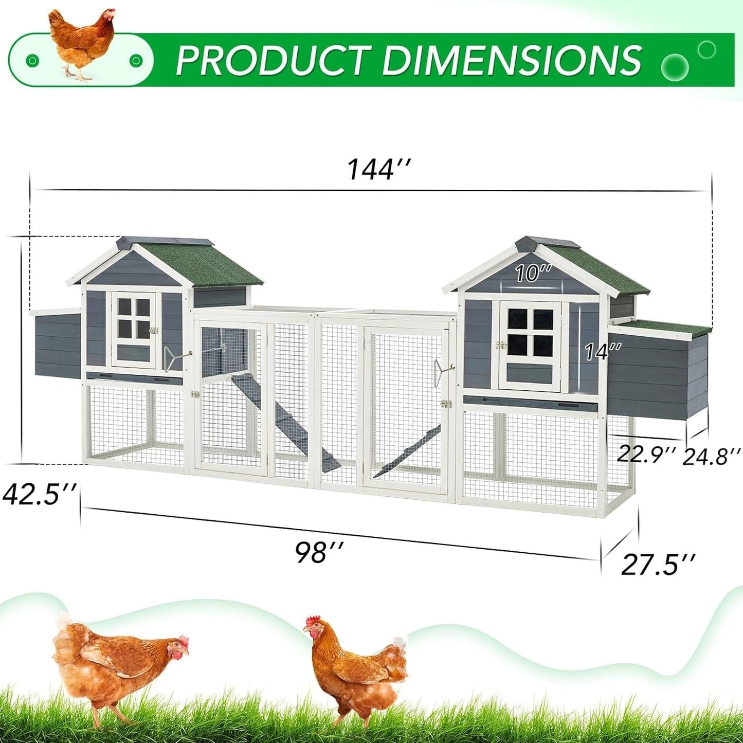 AECOJOY 144'' Large Chicken Coop w/ Run Wooden Hutch Poultry Cage House