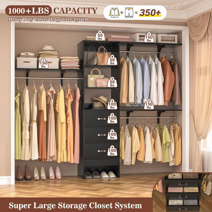 Rackcog 120'' Adjustable Closet Organizer with Drawers, Closet System with DIY Shelves for Reach-in and Walk-in Closet