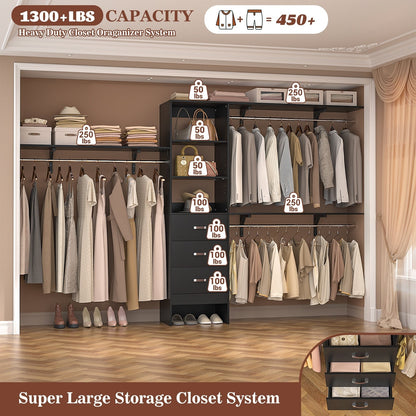 Rackcog 120'' Adjustable Closet Organizer with Drawers, Closet System with DIY Shelves for Reach-in and Walk-in Closet