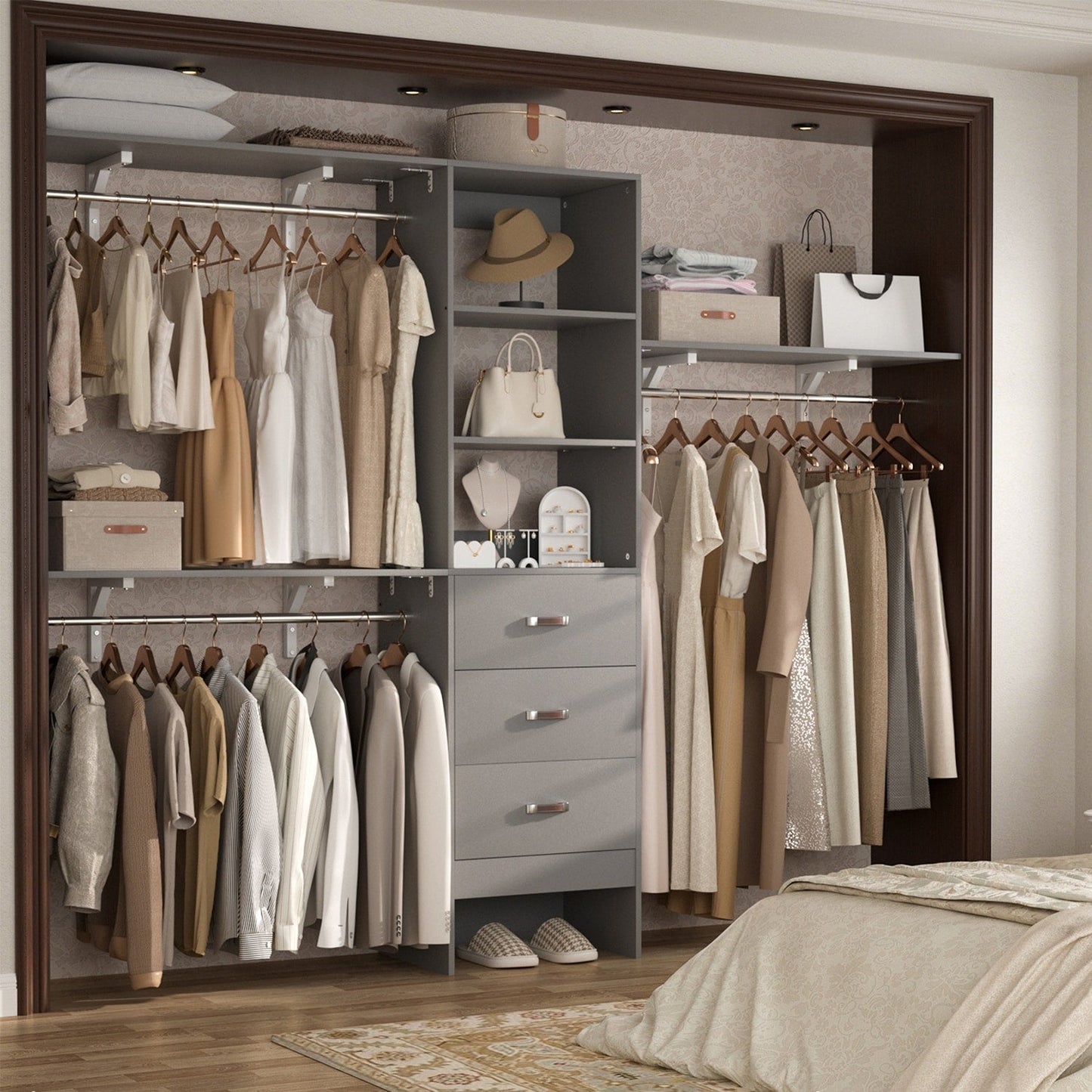 Rackcog 120'' Adjustable Closet Organizer with Drawers, Closet System with DIY Shelves for Reach-in and Walk-in Closet