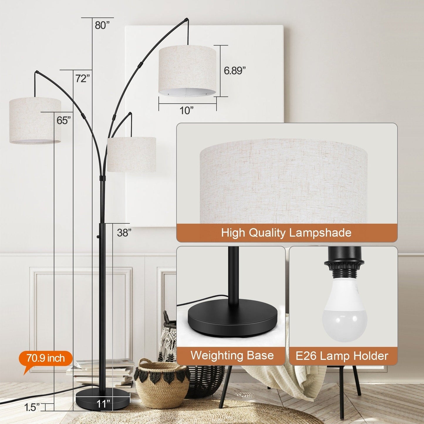 Arc LED Floor Lamp Dimmable Modern Black 3 Light Arched Tall Floor Lamp