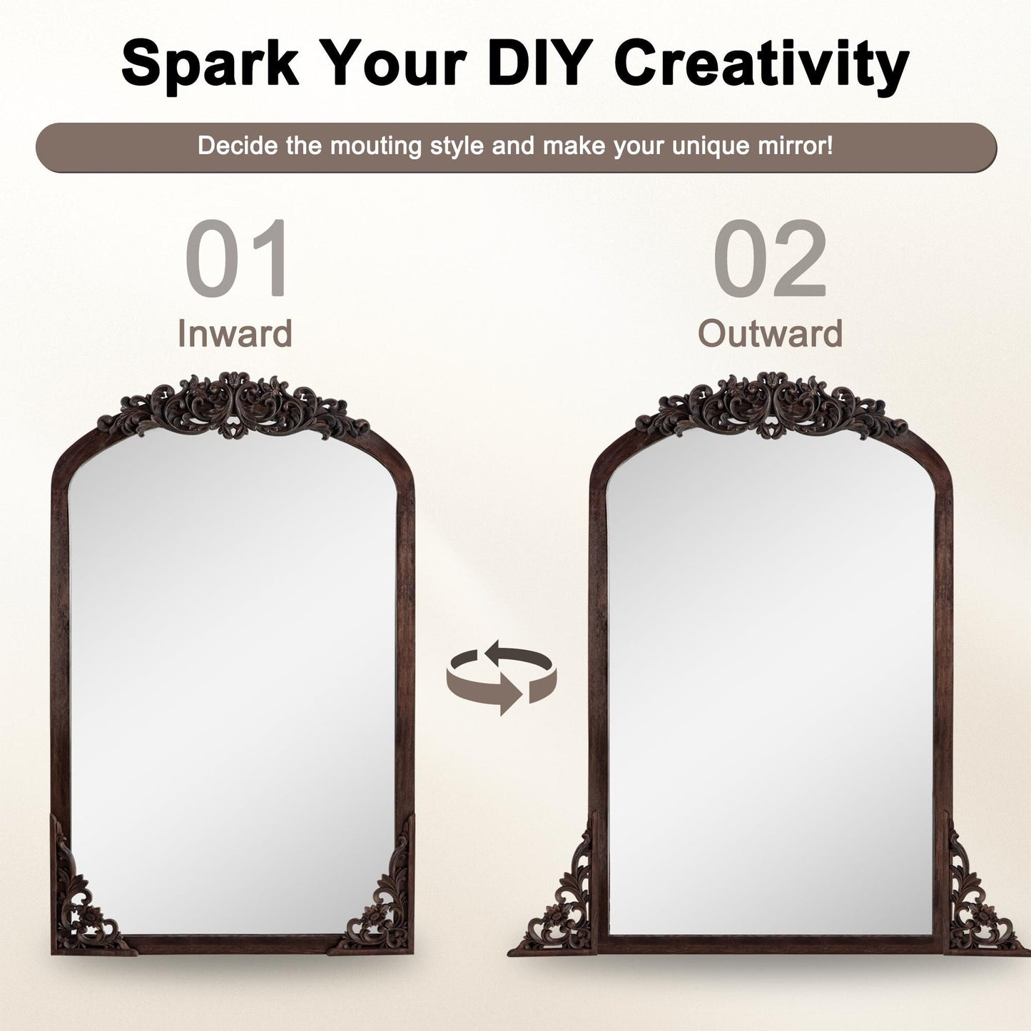 Arched Full-Length Solid Wood Carving Floor Mirror