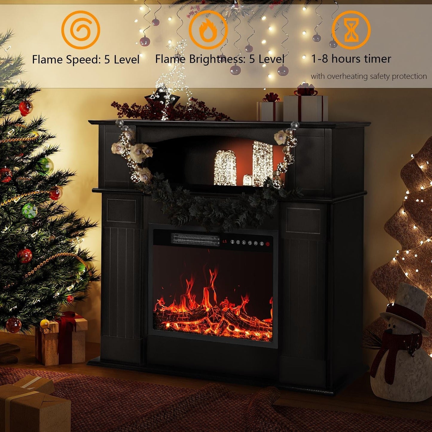 BOSSIN 43 Electric Fireplace with Mantel, 23 inch Electric Fireplace Insert,Freestanding TV Stand with Fireplace Wooden Firebox