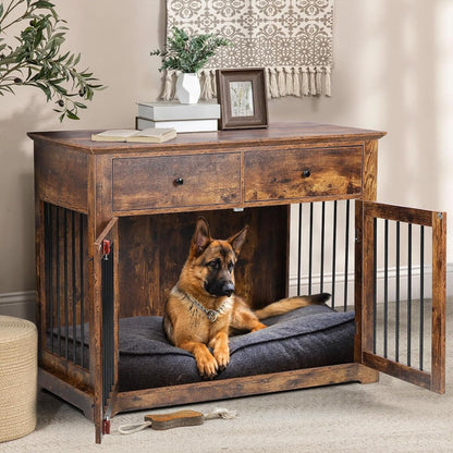 BOSSIN 44 Inch Large Dog Crate Furniture, Wooden Dog Kennel End Table with Storage Drawers, Decorative Pet Crates Dog House